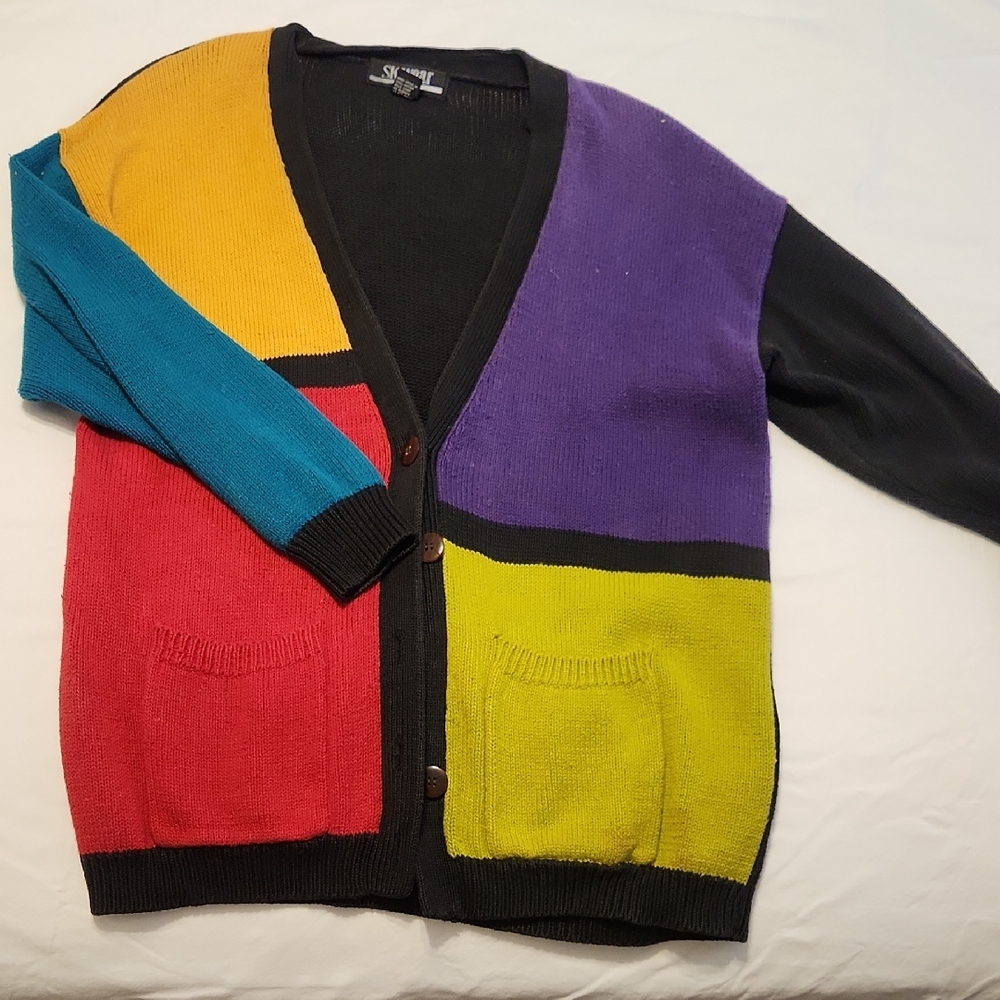 90s 80s Retro Color Block Cardigan Sweater - SK Wear Petite